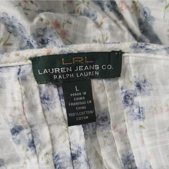 Romantic Women's Lauren Ralph Lauren Boho Style Blouse L White Blue Pink - Picture 3 of 3